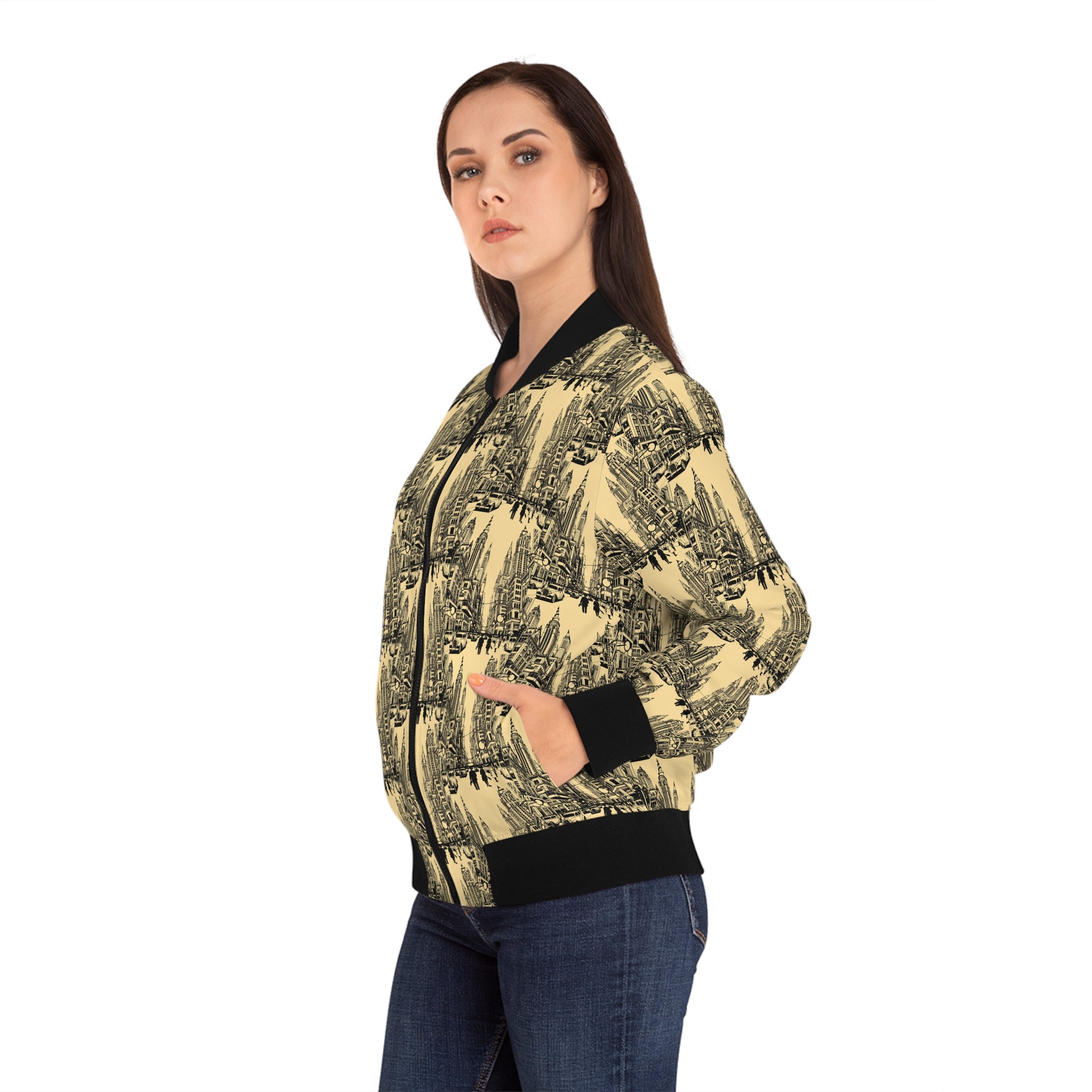 Women’s bomber jacket in yellow-gold and black sketch print, front zipper, ribbed cuffs and hem
