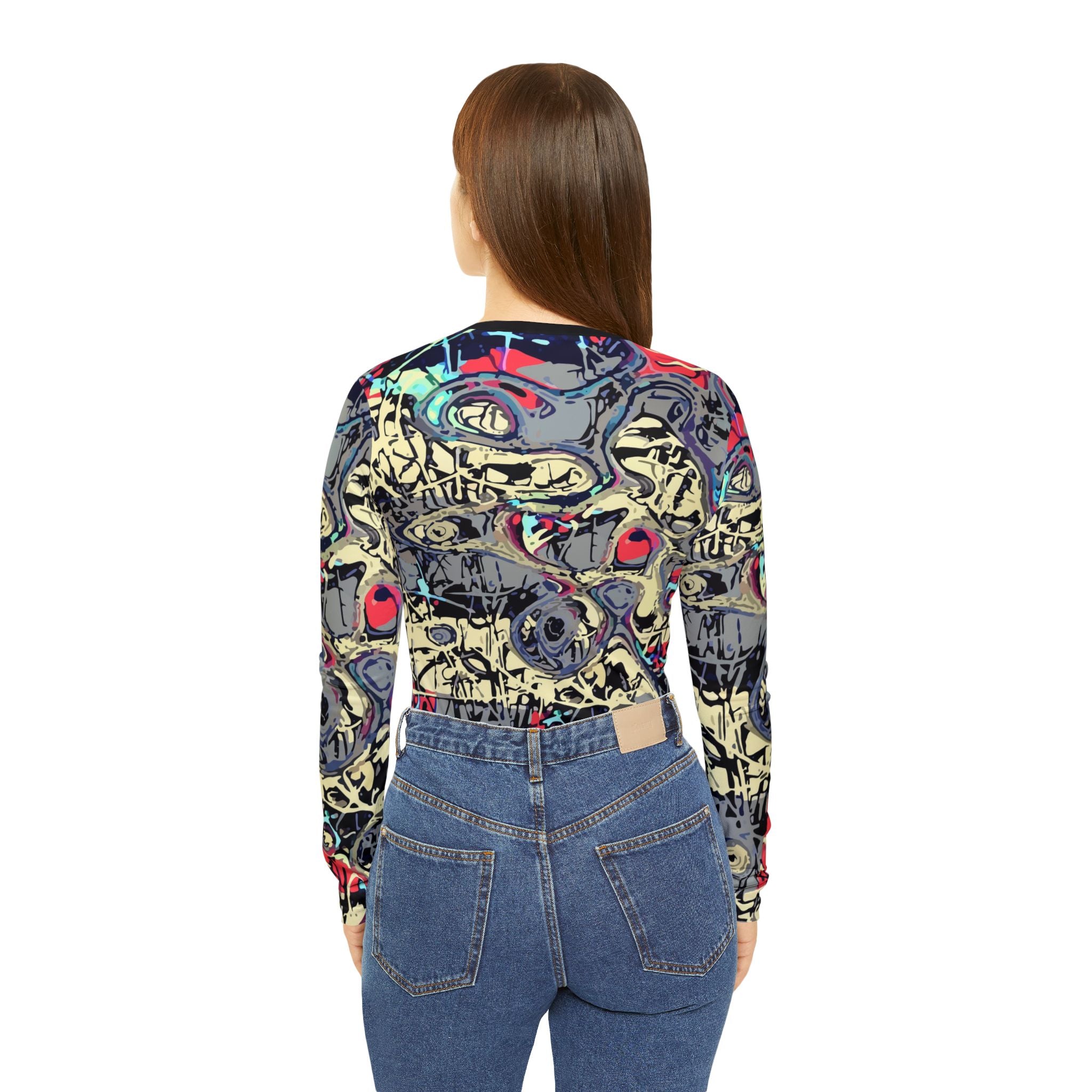 Women’s abstract graffiti v-neck long-sleeve shirt, back view showing full print.
