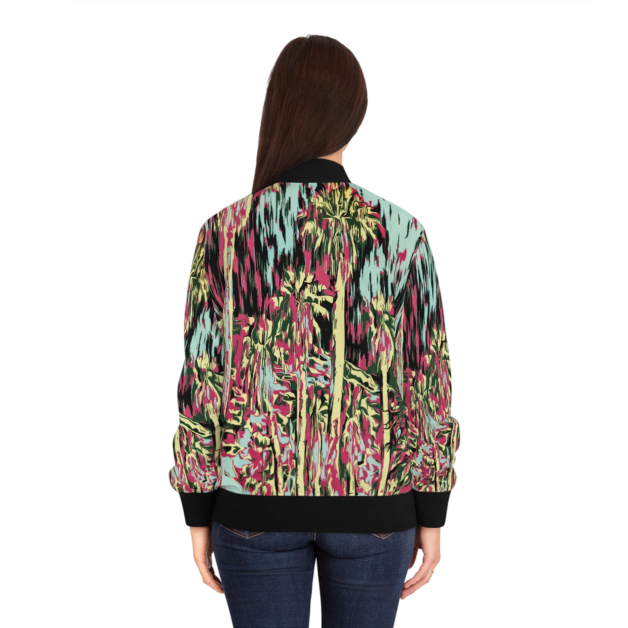 Women's bomber jacket back view with abstract palm print; pink, teal, and green; black ribbed hem