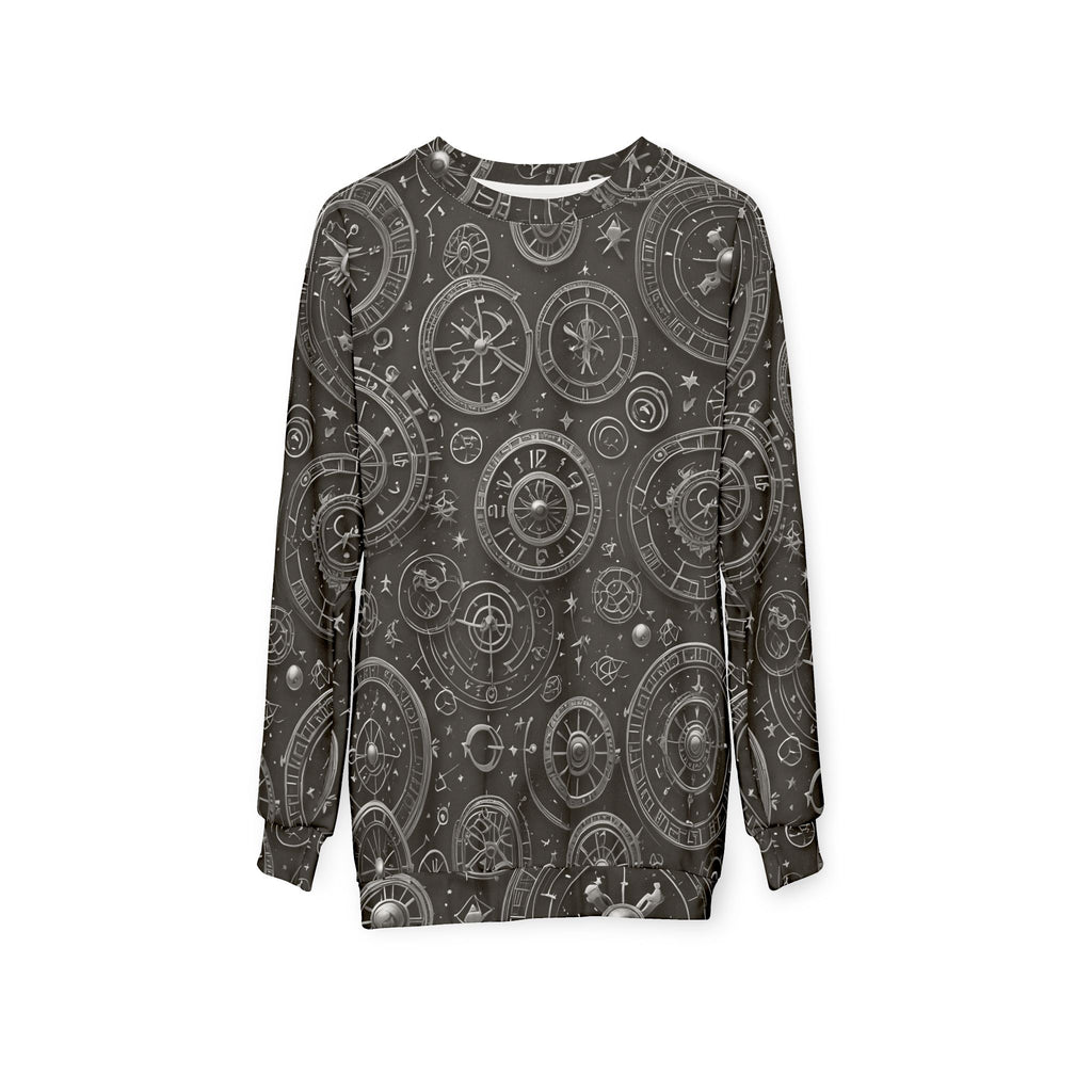 Dark charcoal long-sleeve crewneck sweatshirt with compass and nautical dial all-over print
