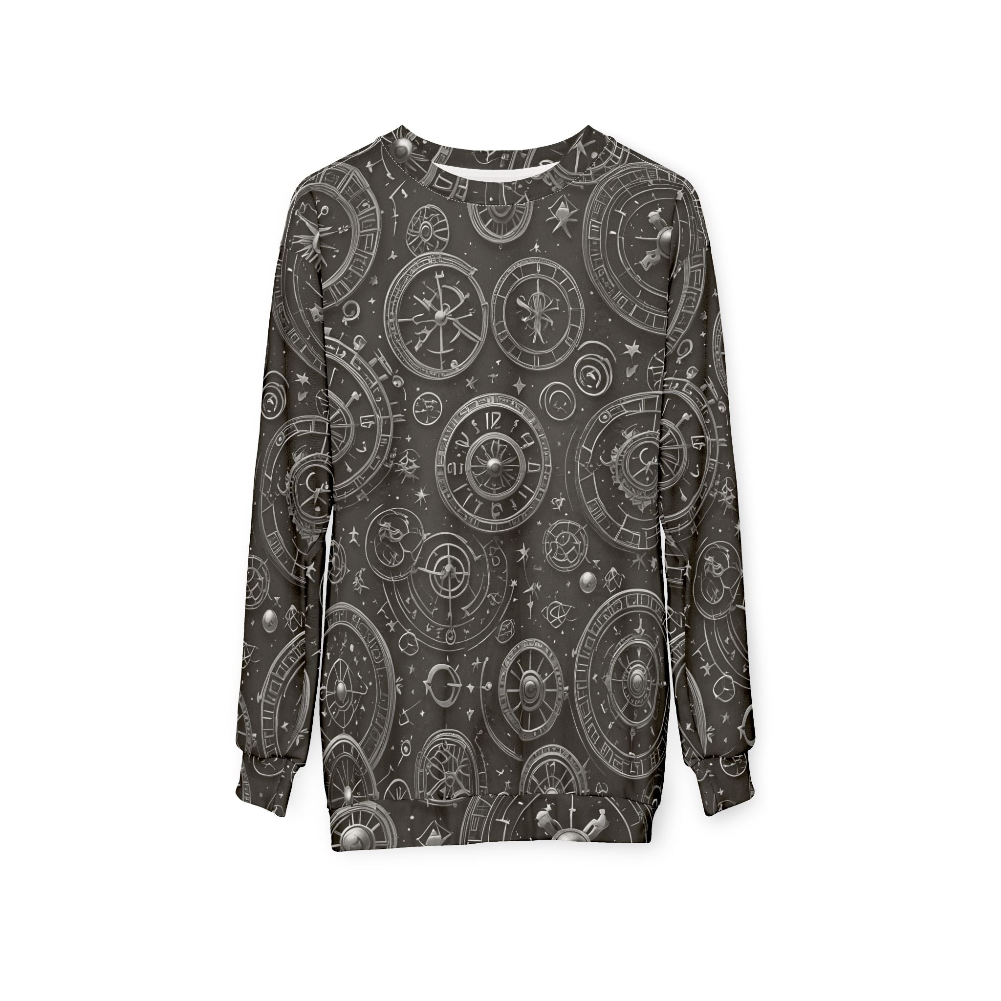 Dark charcoal long-sleeve crewneck sweatshirt with compass and nautical dial all-over print