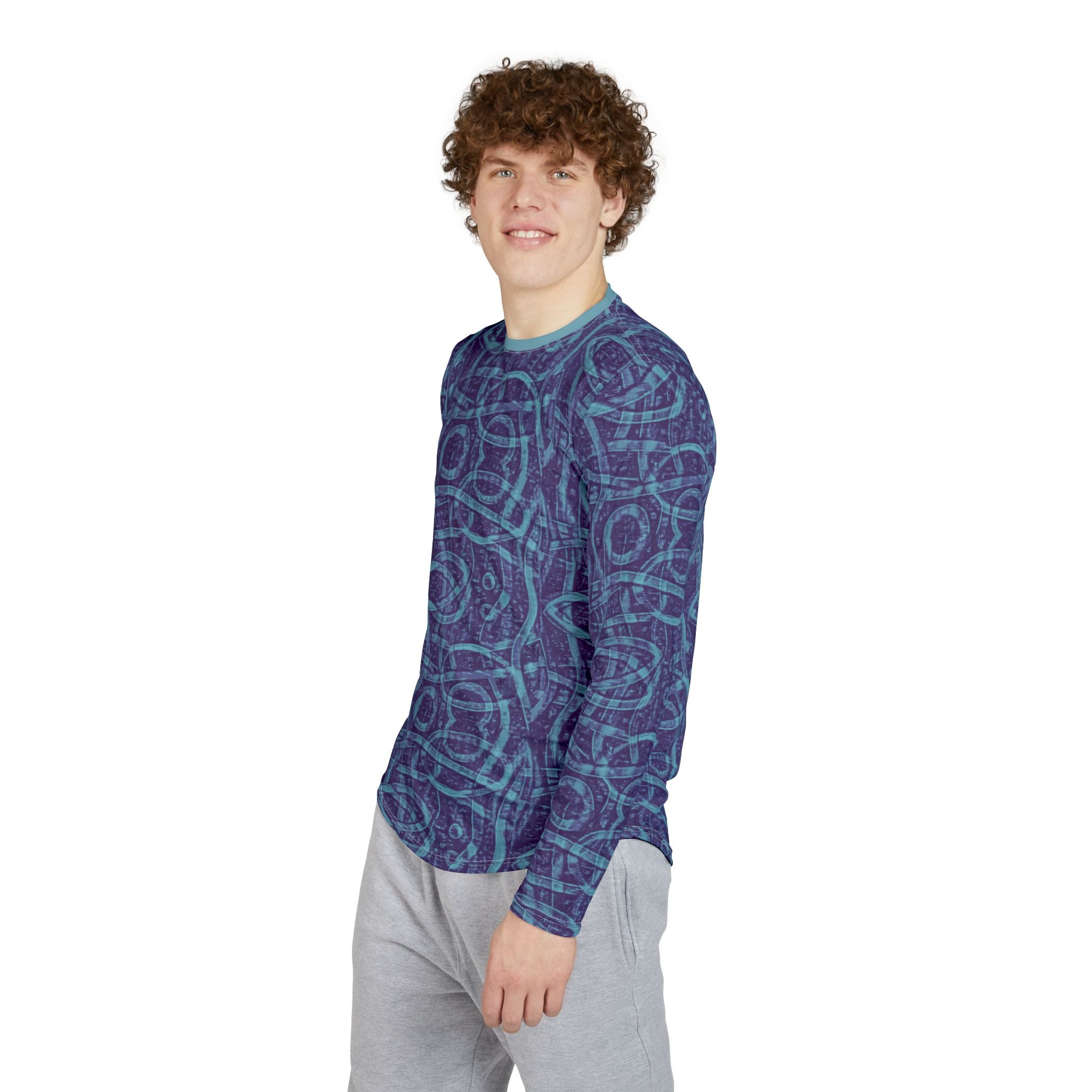 Men's UV Long Sleeve Shirt — Blue Geometric All-Over Print