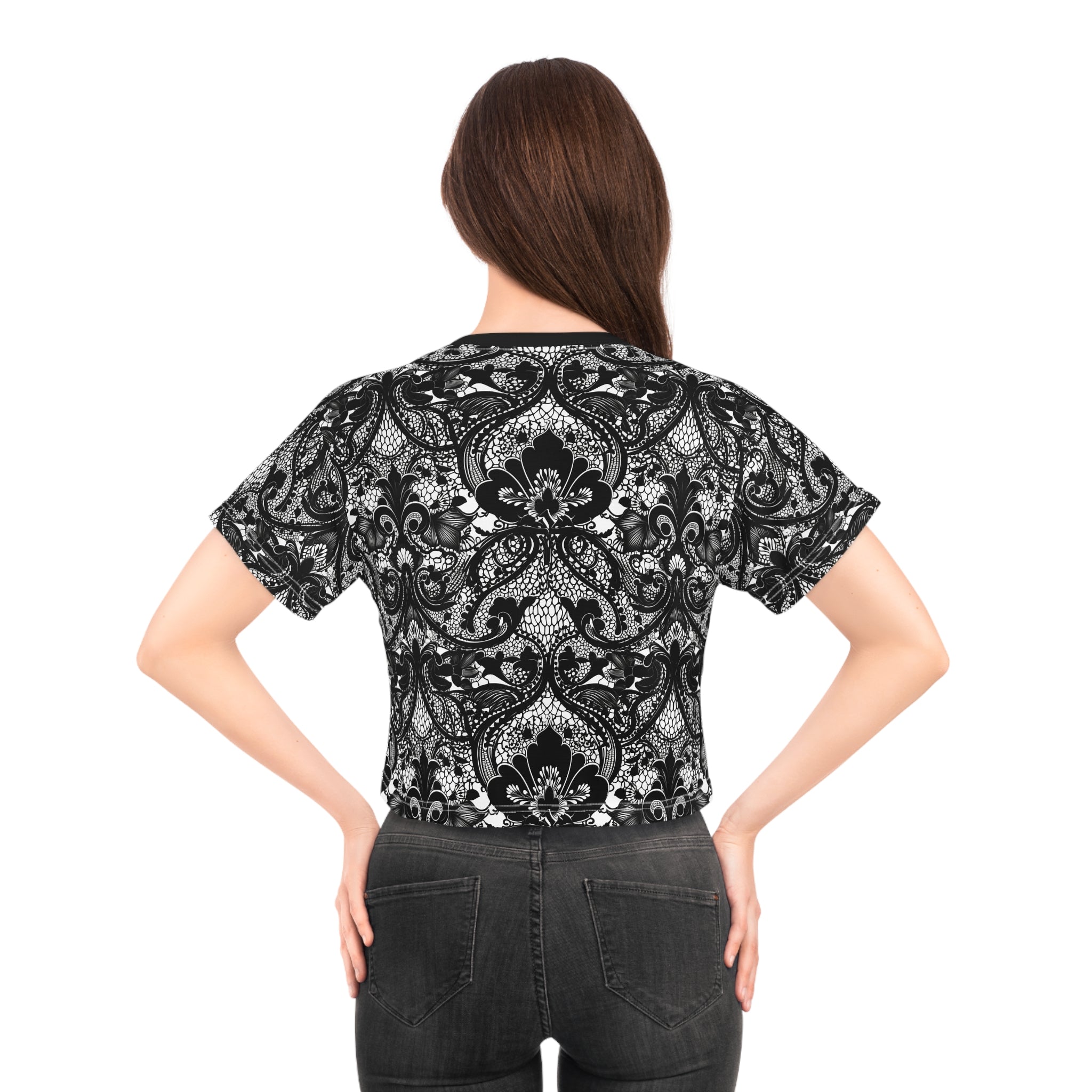 Black crop tee with ornate damask floral pattern, short sleeves, model back view