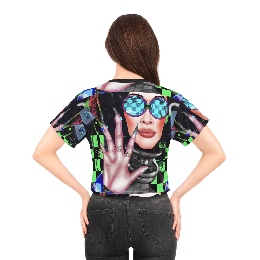 Futuristic Neon Checkerboard Crop Tee — Retro Cyber Sunglasses Graphic