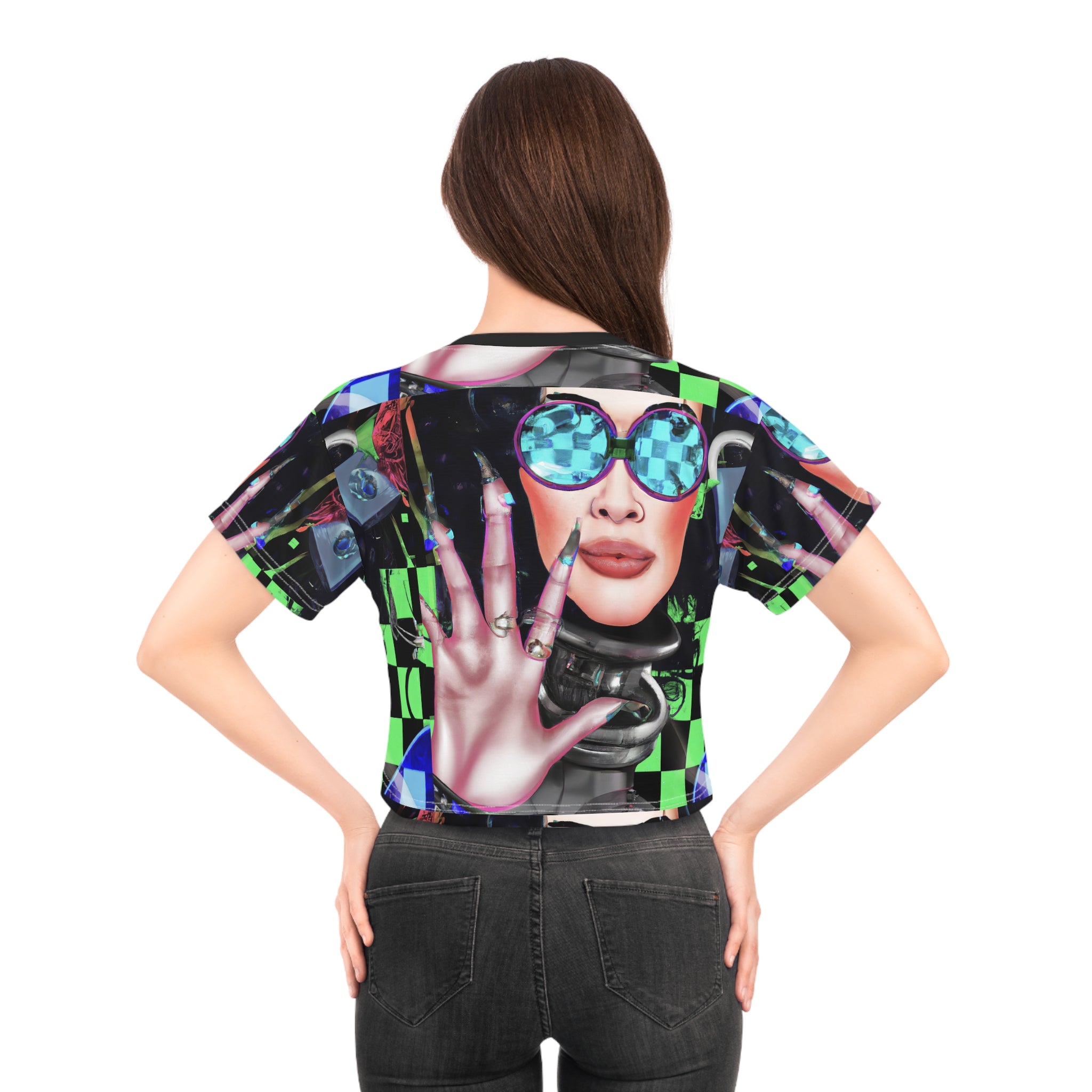 Futuristic Neon Checkerboard Crop Tee — Retro Cyber Sunglasses Graphic