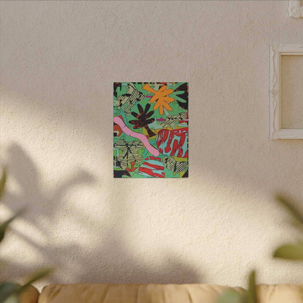 Small square wall canvas print with vivid tropical pattern: orange bloom, red accents, and teal greens