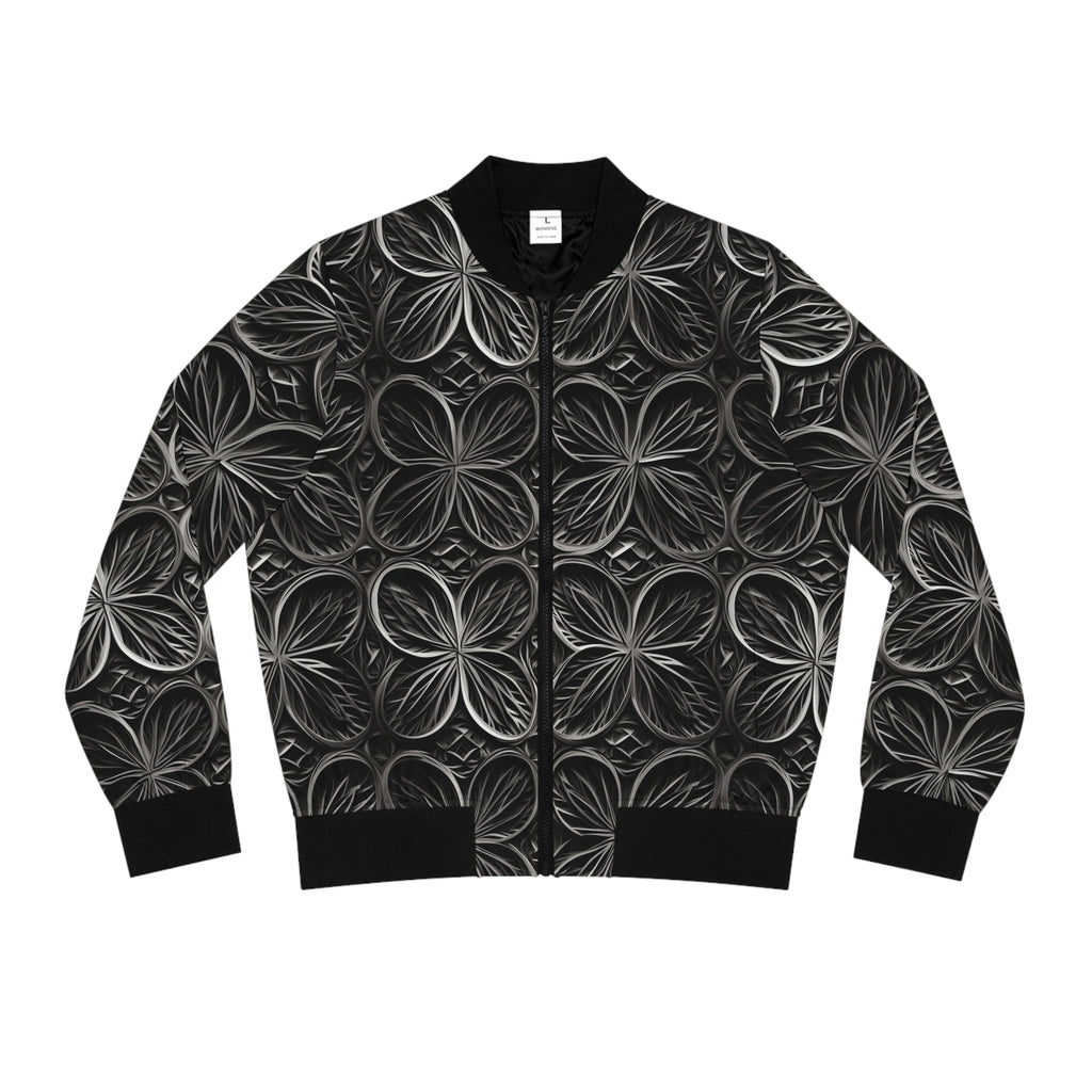 Floral Mosaic Women's Bomber Jacket — Monochrome Textured Petal Print