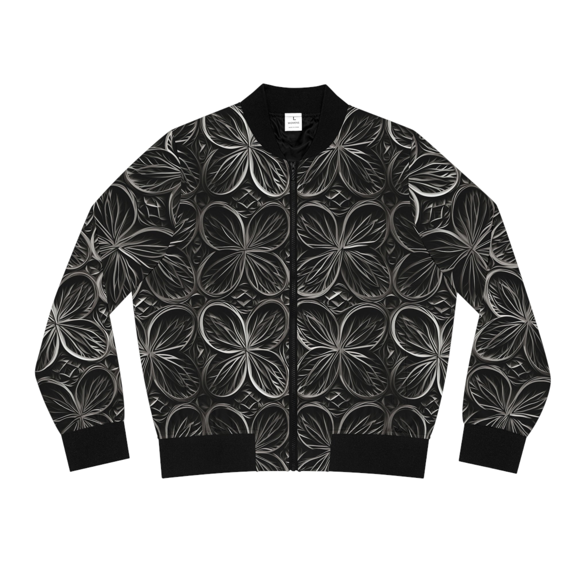 Floral Mosaic Women's Bomber Jacket — Monochrome Textured Petal Print