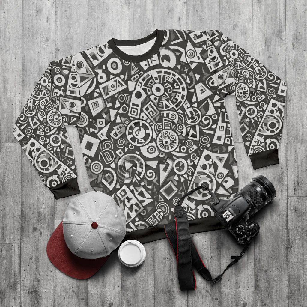 Abstract Geometric Pattern Sweatshirt — Monochrome Tribal Shapes All-Over Print