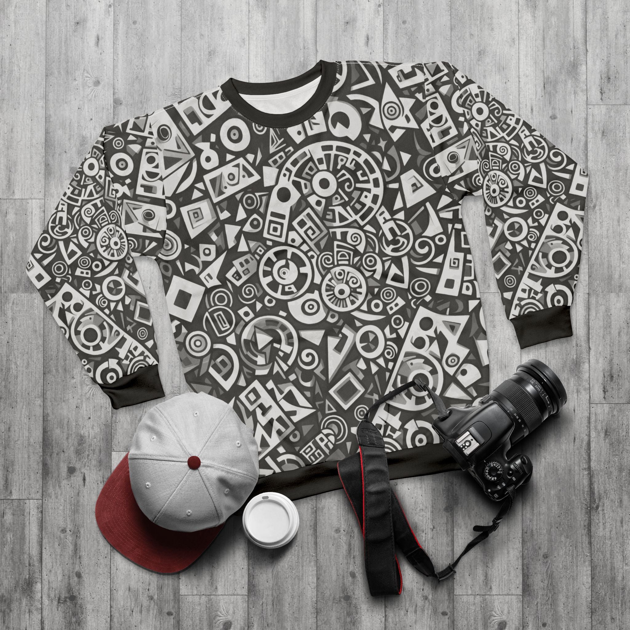 Abstract Geometric Pattern Sweatshirt — Monochrome Tribal Shapes All-Over Print