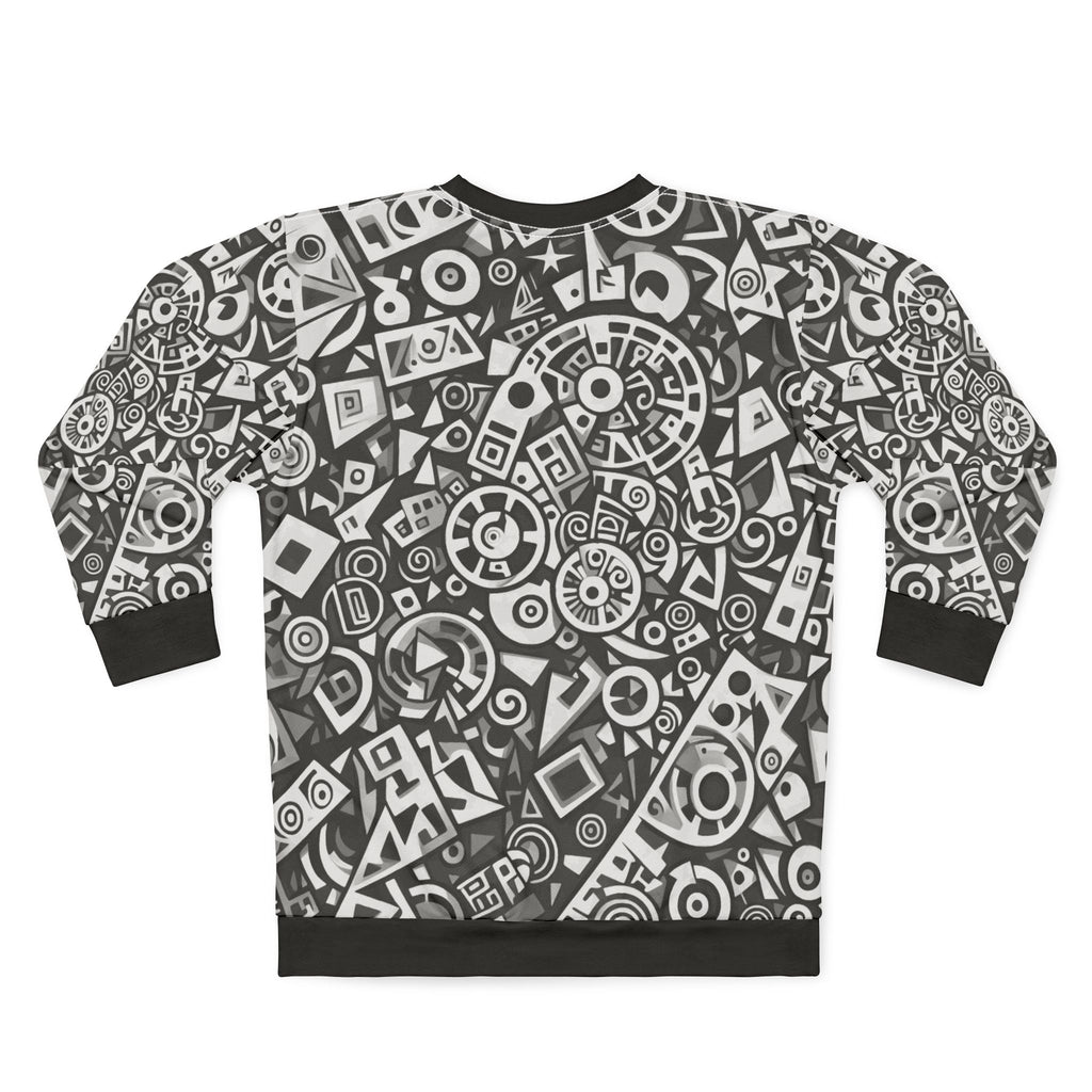 Abstract Geometric Pattern Sweatshirt — Monochrome Tribal Shapes All-Over Print