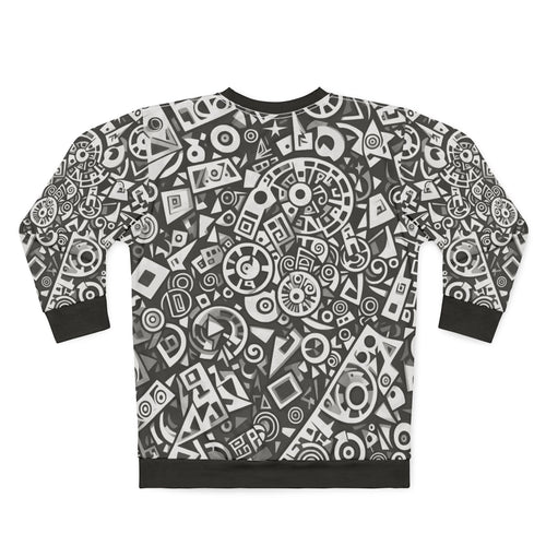 Abstract Geometric Pattern Sweatshirt — Monochrome Tribal Shapes All-Over Print