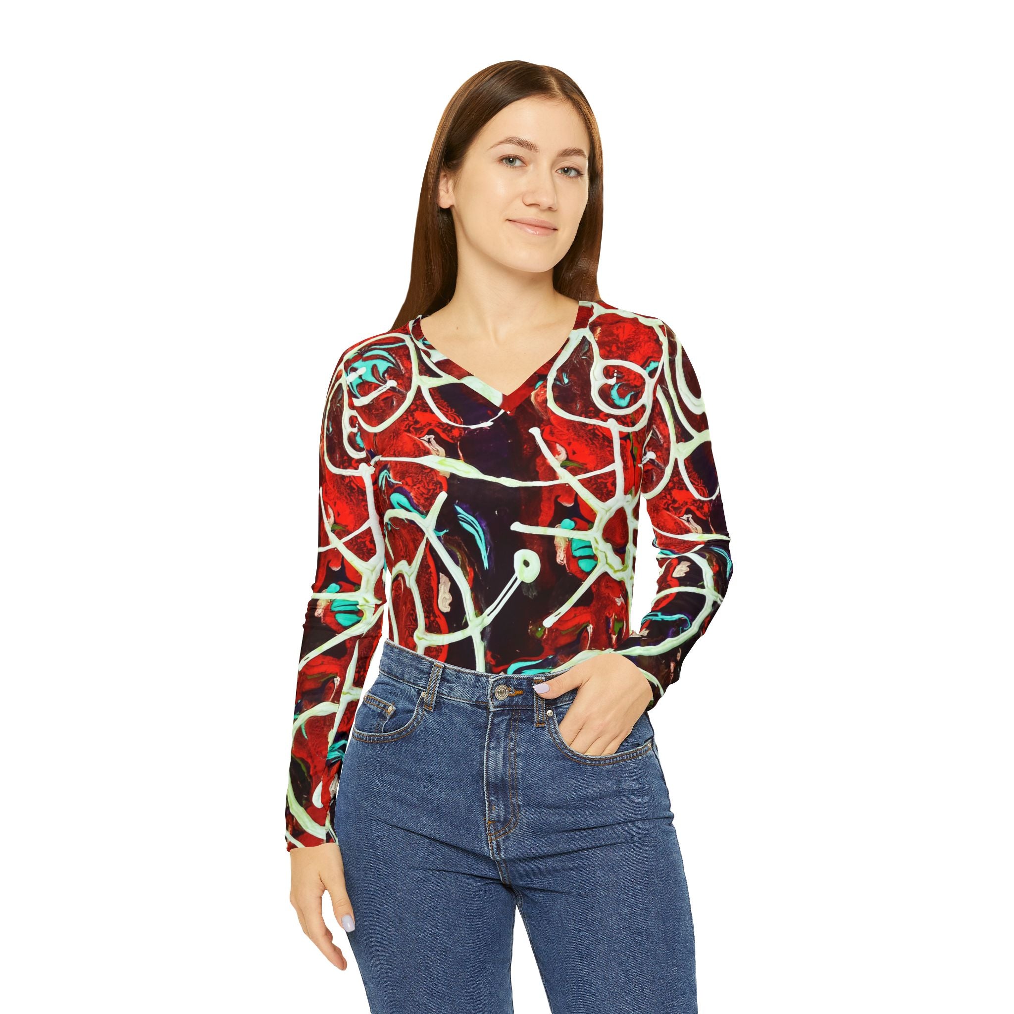 Women's V-neck long-sleeve shirt on model, red/white/teal abstract all-over print