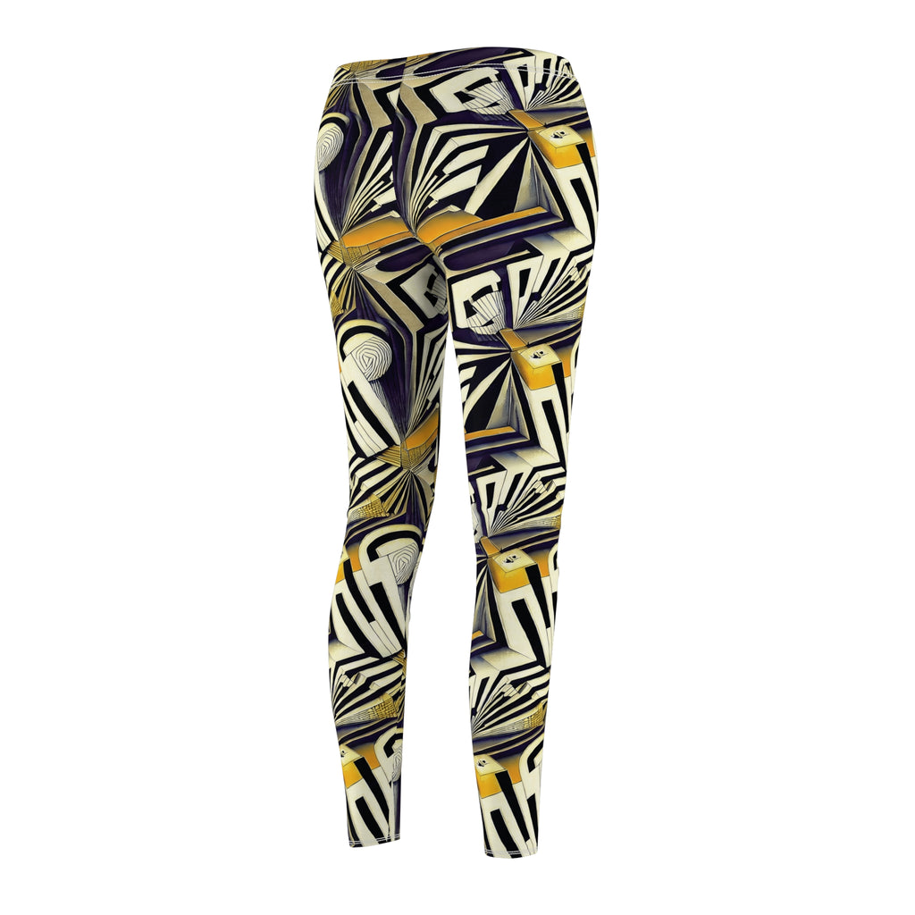 Women's leggings side view with abstract geometric print in yellow and dark navy tones.