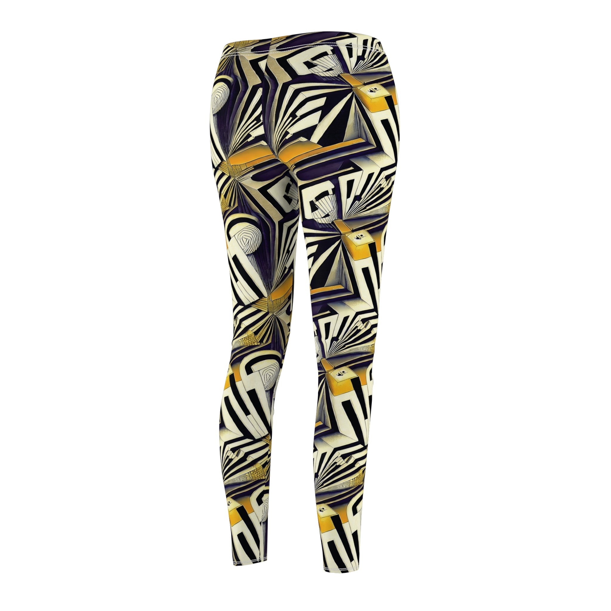 Women's leggings side view with abstract geometric print in yellow and dark navy tones.
