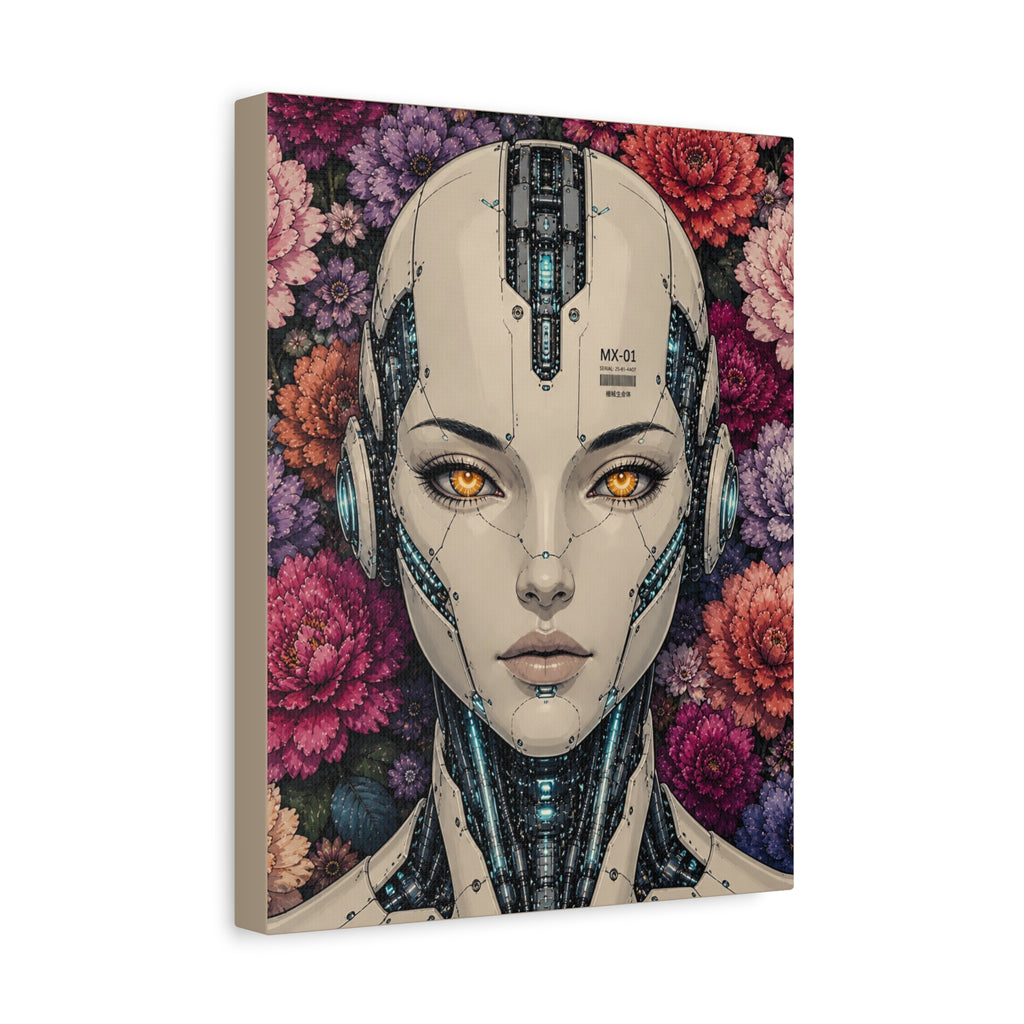 Canvas print of a futuristic female android portrait with floral background and yellow eyes.