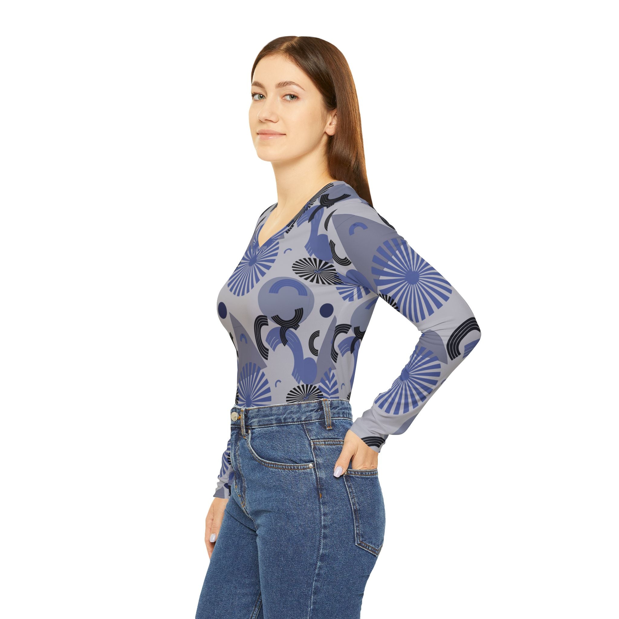 Women's long-sleeve V-neck shirt with blue and gray all-over geometric print, angled view