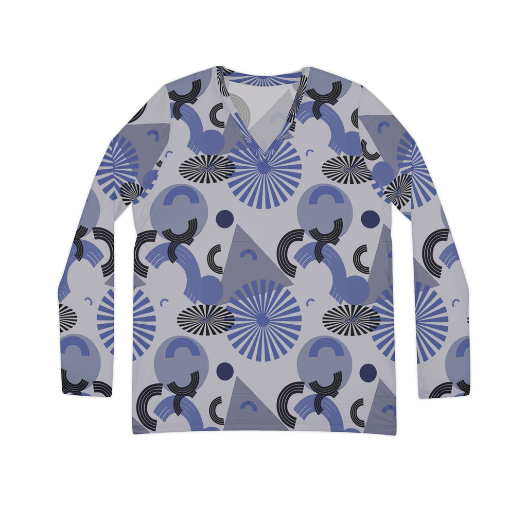 Blue Geometric V-Neck Long Sleeve — Women's Patterned Top
