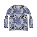 Blue Geometric V-Neck Long Sleeve — Women's Patterned Top