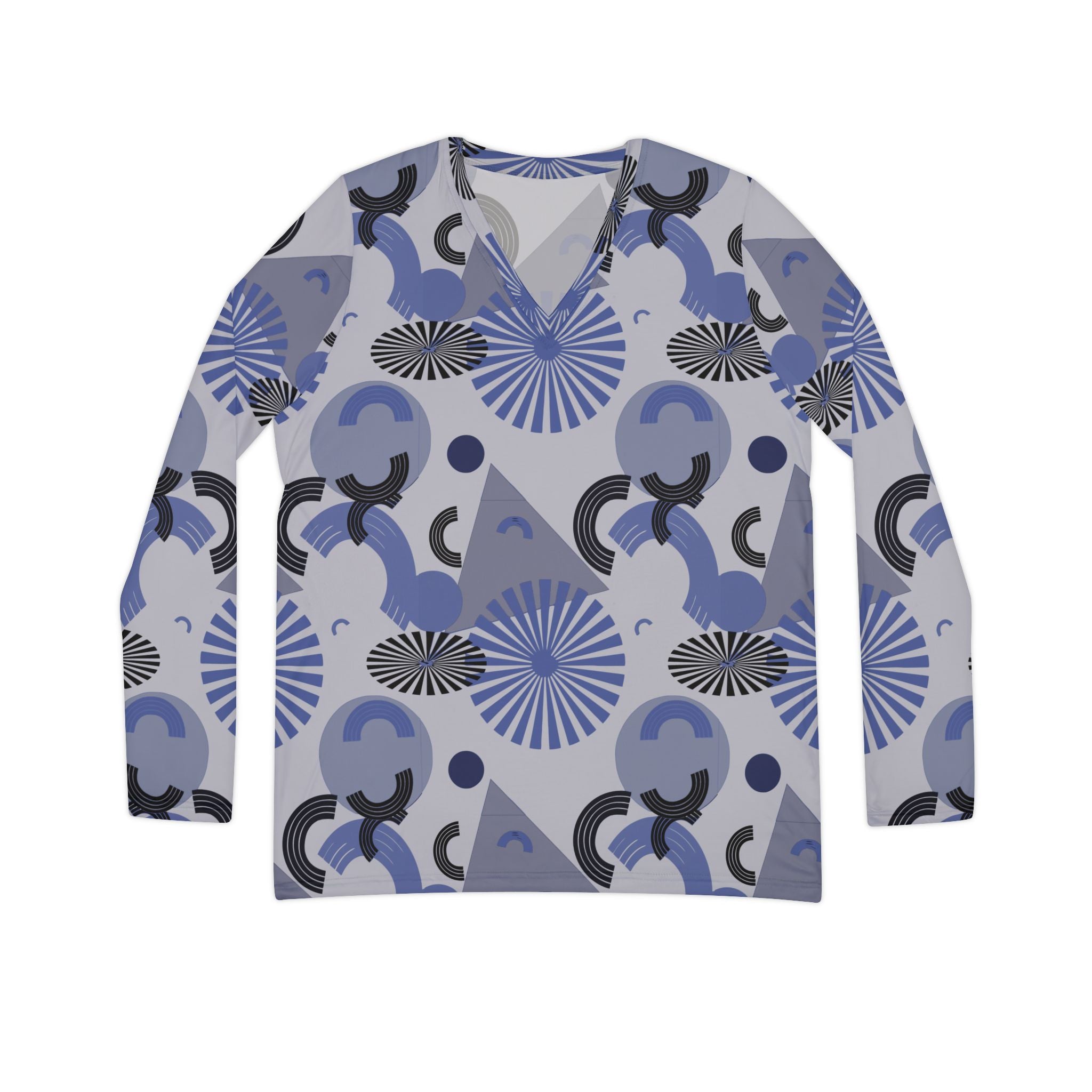 Blue Geometric V-Neck Long Sleeve — Women's Patterned Top