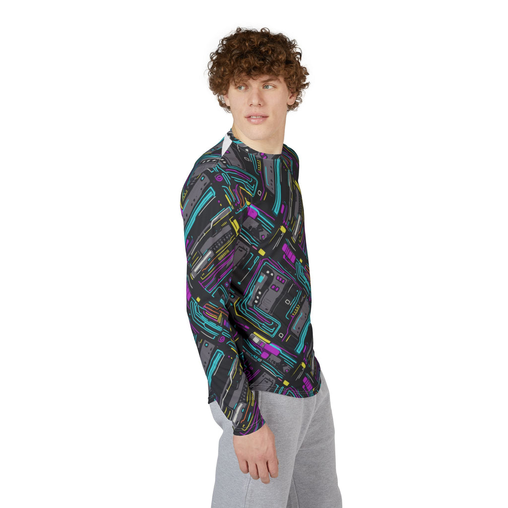 Men's long sleeve graphic shirt, retro cassette pattern, three-quarter view