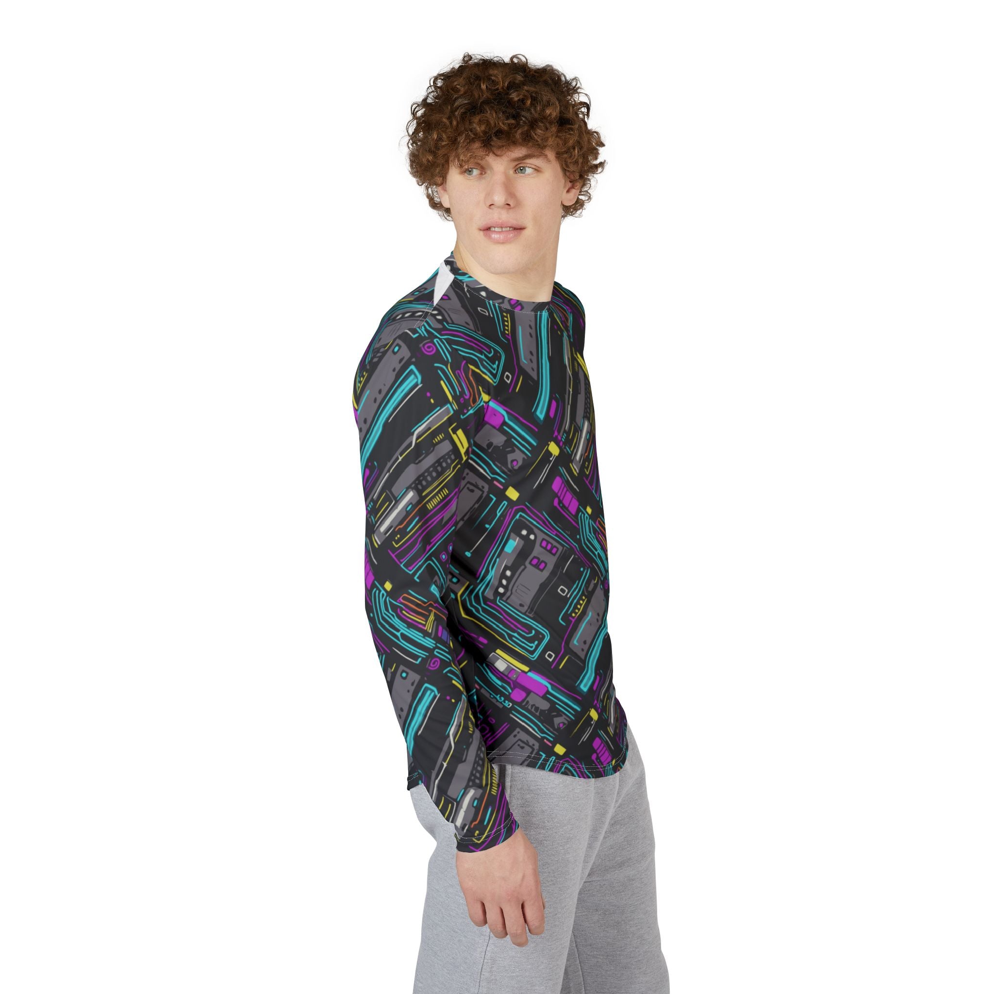 Men's long sleeve graphic shirt, retro cassette pattern, three-quarter view