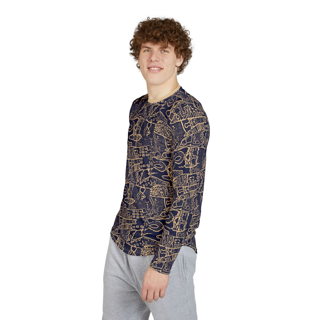 Men's UV Long Sleeve Shirt –  "UPF 50+" Navy Abstract Nautical Sketches AOP