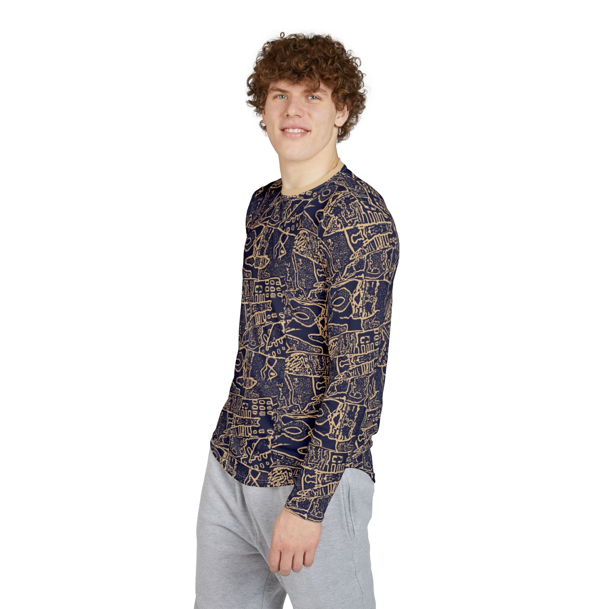 Men's UV Long Sleeve Shirt –  "UPF 50+" Navy Abstract Nautical Sketches AOP