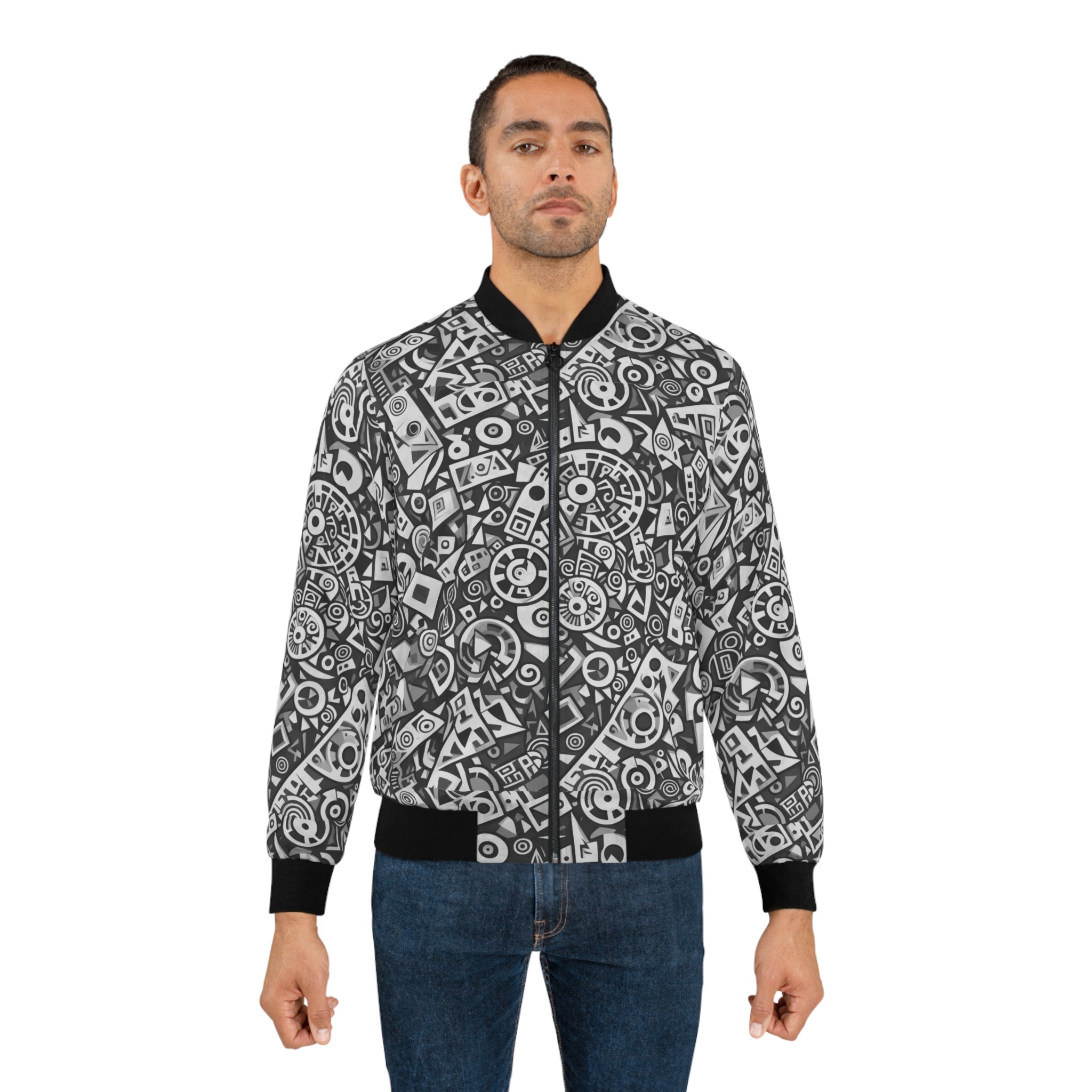 Mens black-and-white doodle print bomber jacket on model, zip front and ribbed waistband