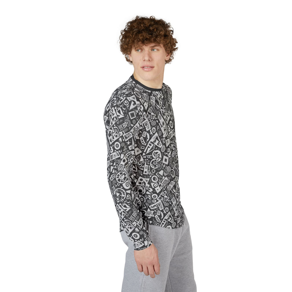 Men's long-sleeve UV shirt on model, side view, black-and-white abstract tech pattern