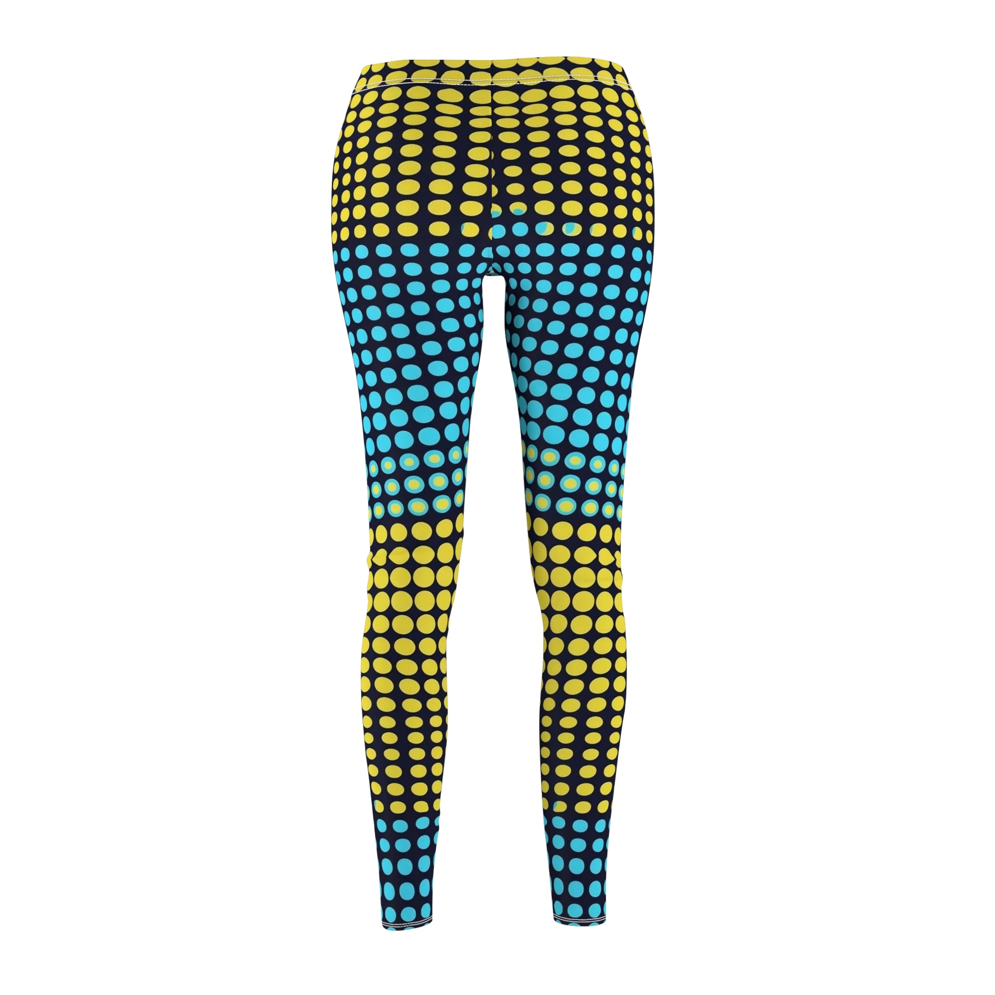 Leggings back view with yellow and teal retro halftone dots, slim ankle fit