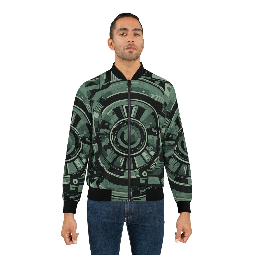 Green and black bomber jacket worn by model, full front zipper and ribbed collar
