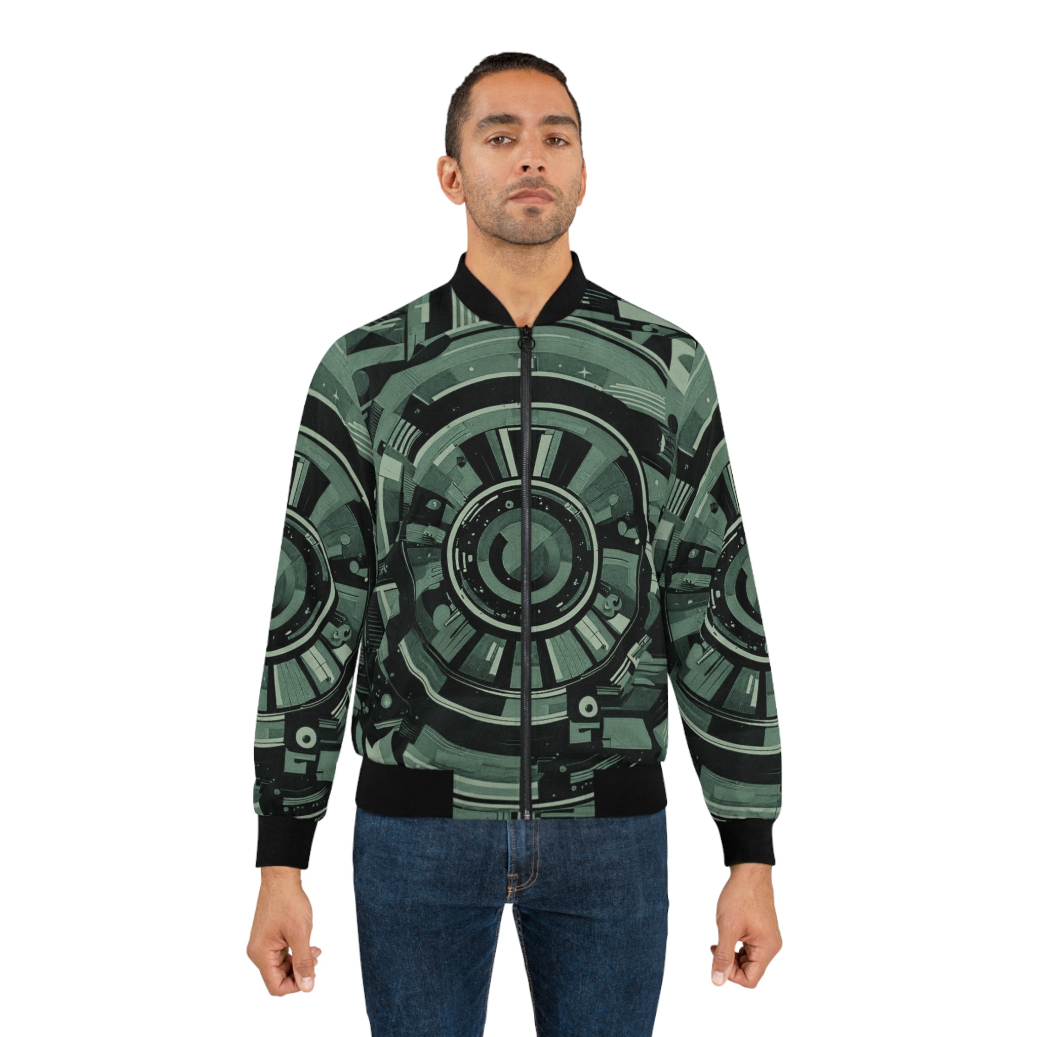 Green and black bomber jacket worn by model, full front zipper and ribbed collar