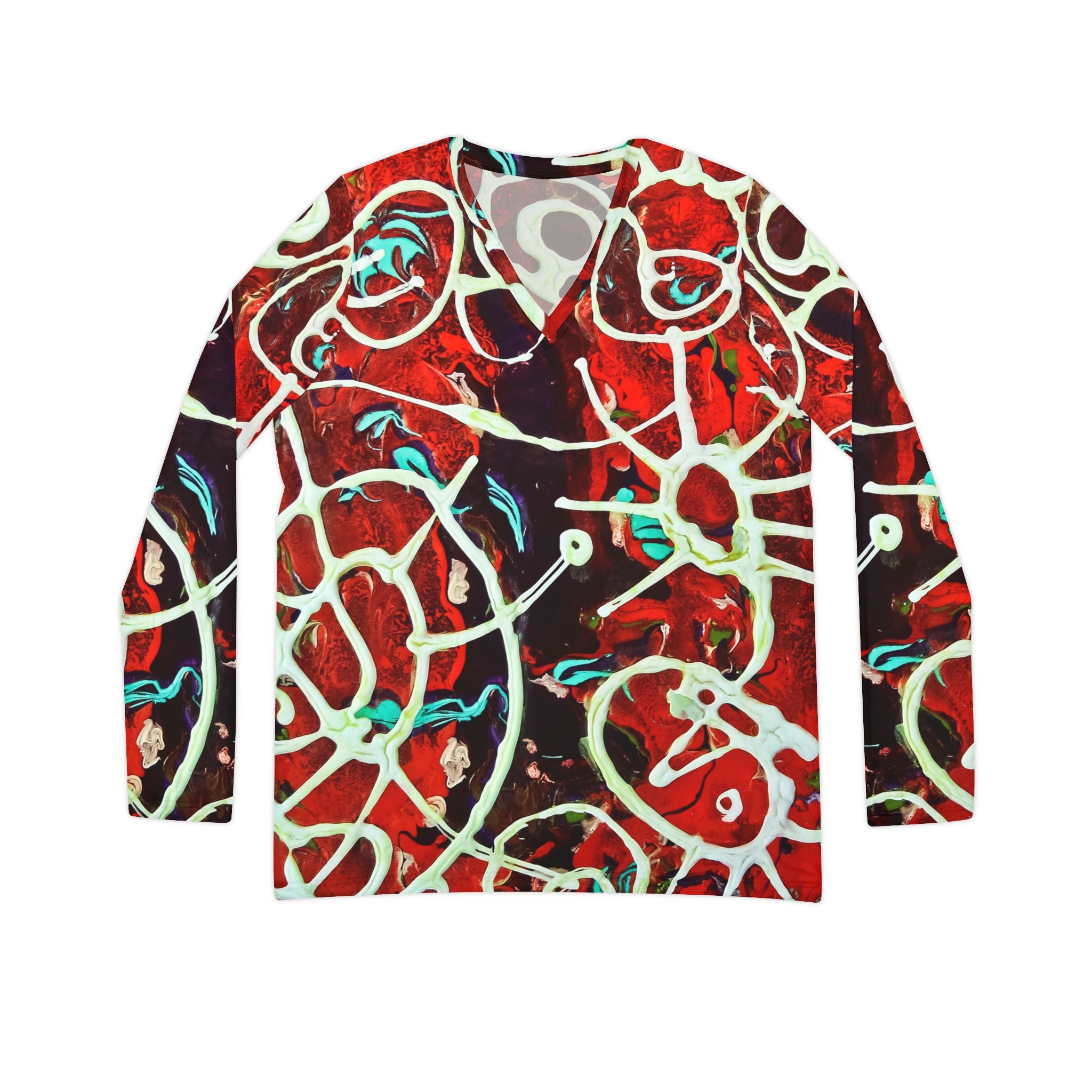 Women's V-Neck Long Sleeve Shirt — Red Abstract Floral All-Over Print