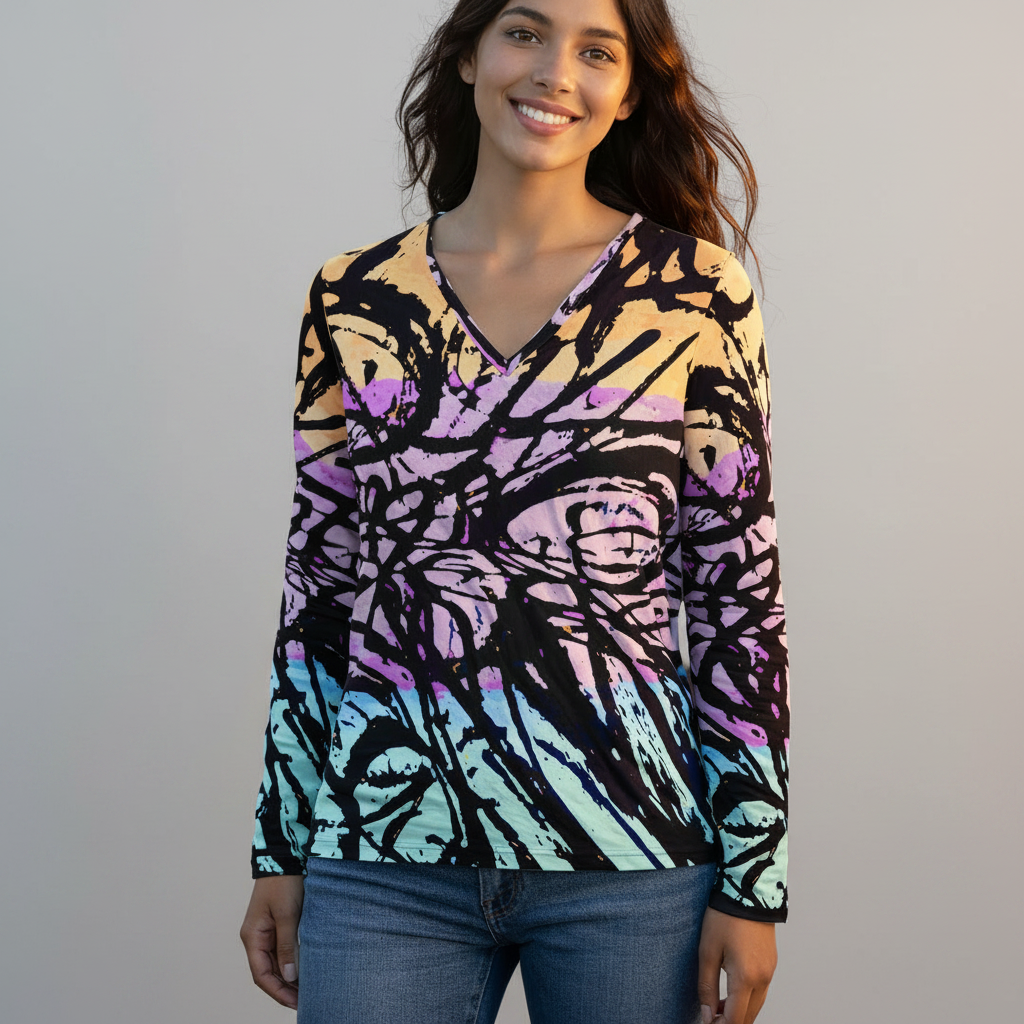 Women’s abstract all-over print v-neck long-sleeve shirt with purple, teal, and beige palette