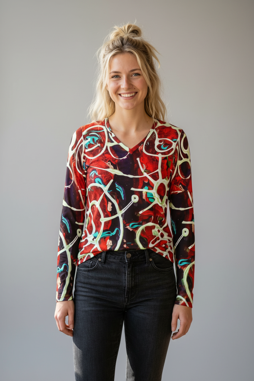 Women's V-neck long-sleeve shirt on model, red/white/teal abstract all-over print