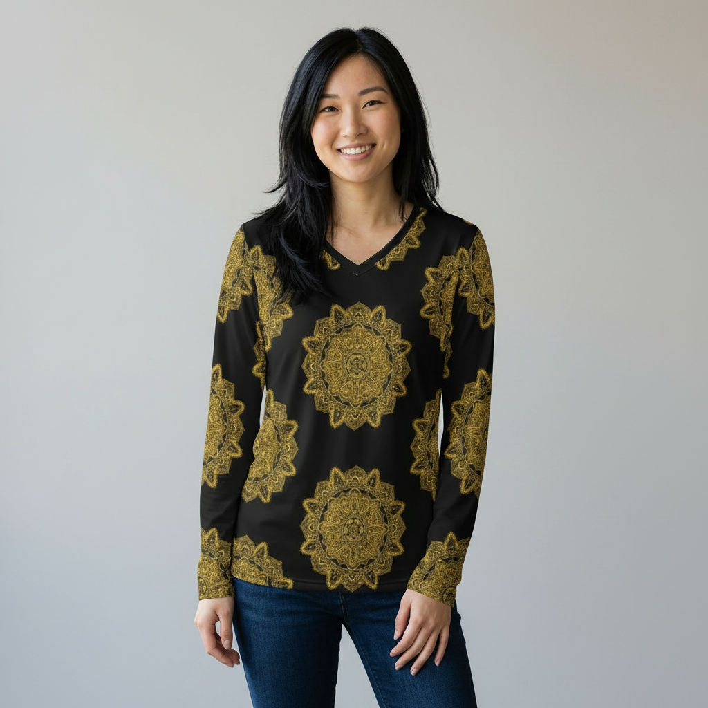 Women's v-neck long-sleeve shirt on model, front view in black with gold mandala print