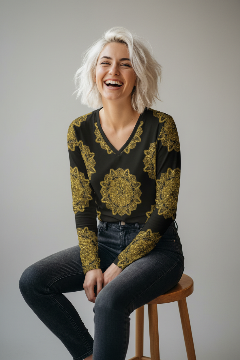 Women's v-neck long-sleeve shirt on seated model, black with gold mandala all-over print