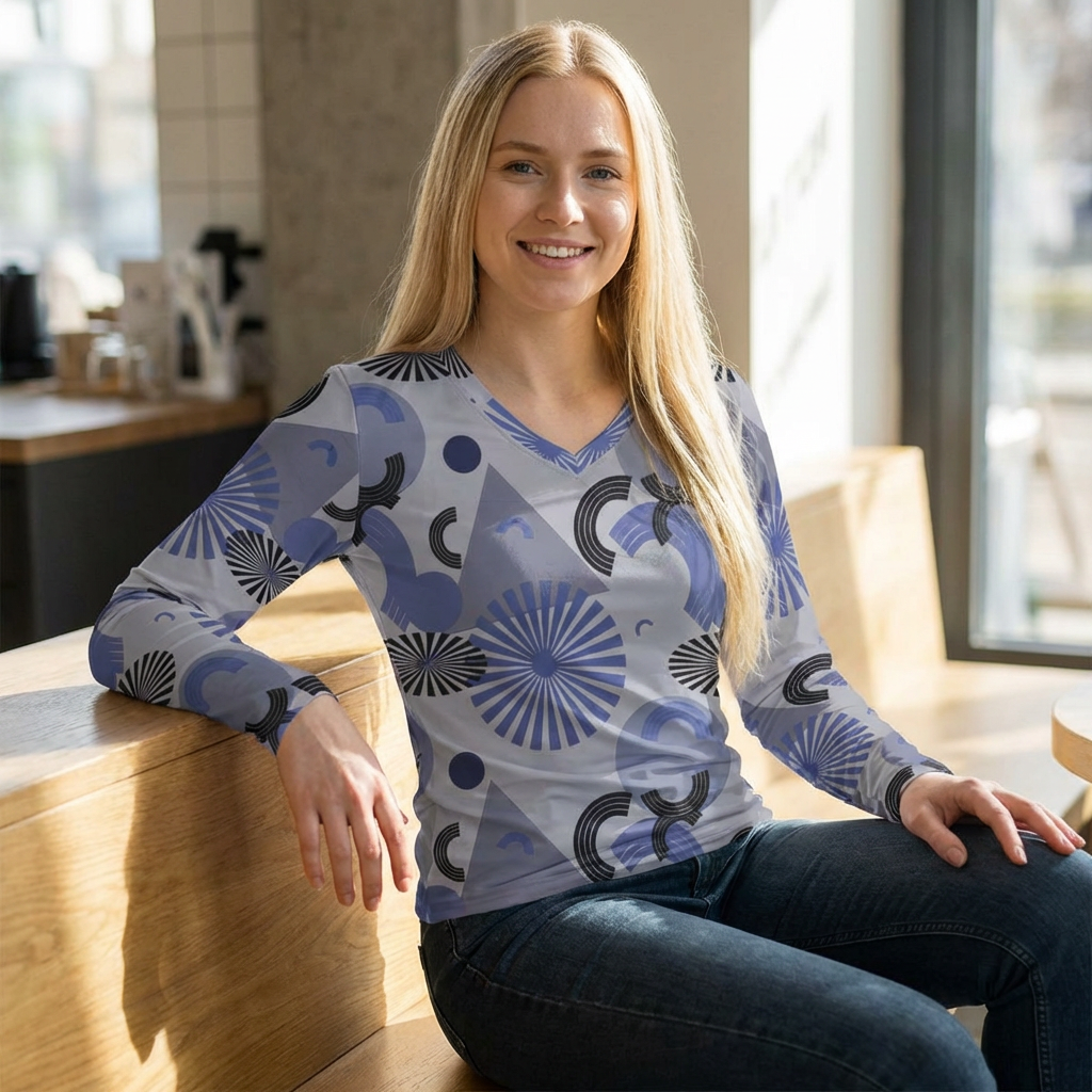 Blue Geometric V-Neck Long Sleeve — Women's Patterned Top