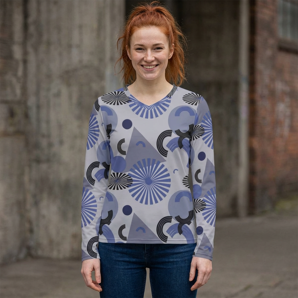 Blue Geometric V-Neck Long Sleeve — Women's Patterned Top