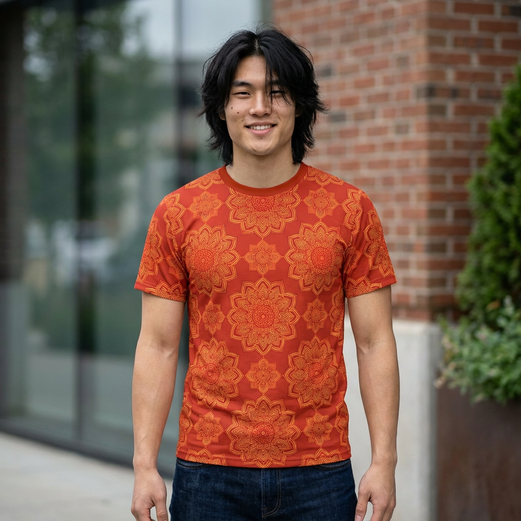 Mandala Floral All-Over Print Tee — Boho Red Orange Pattern