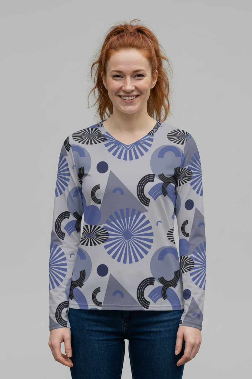 Women's patterned V-neck long-sleeve top in light blue with geometric circle motifs