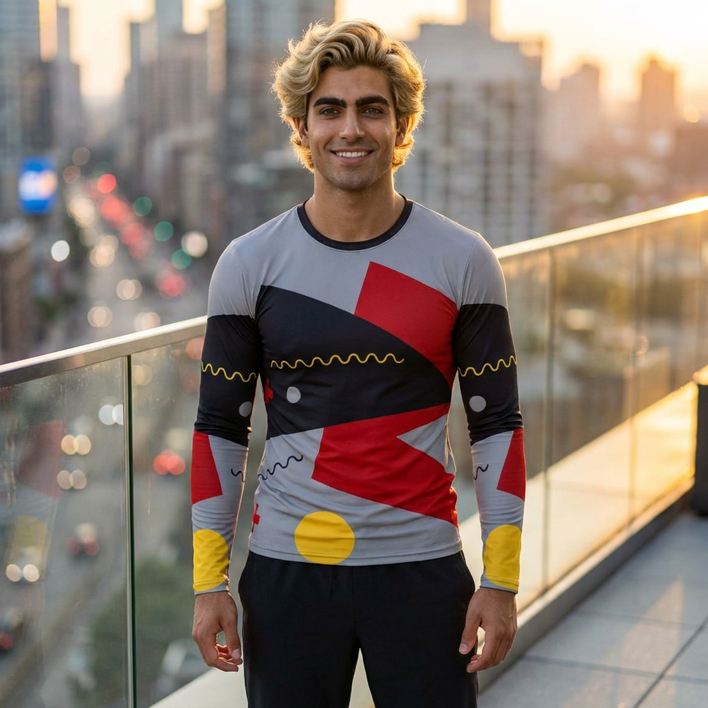 Men's Long Sleeve UV Shirt"UPF 50+" protection — Abstract Geometric Red & Gray AOP