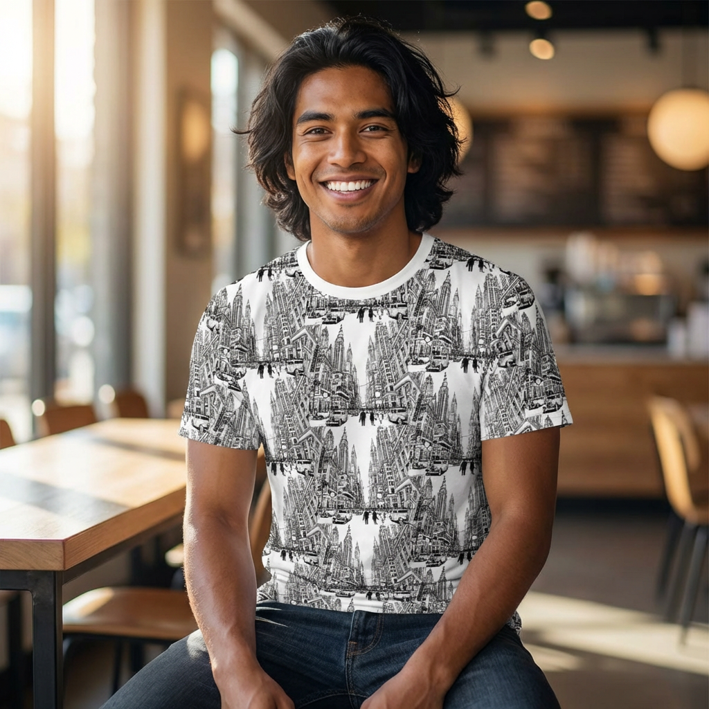 Cityscape Pattern Tee — Monochrome Architectural All-Over Print