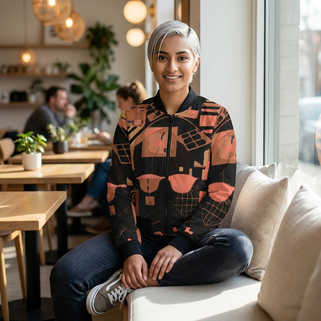 Abstract Retro Collage Bomber Jacket — Women's All-Over Print