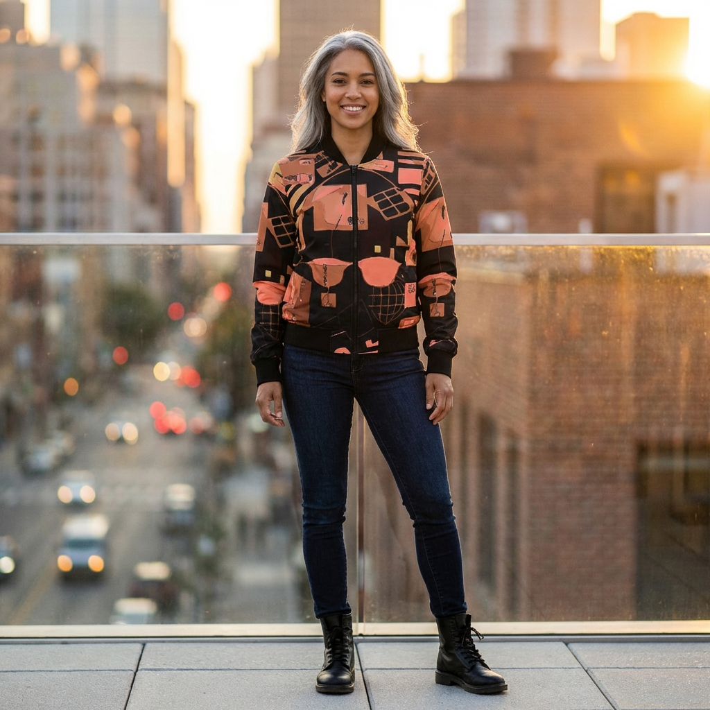 Abstract Retro Collage Bomber Jacket — Women's All-Over Print