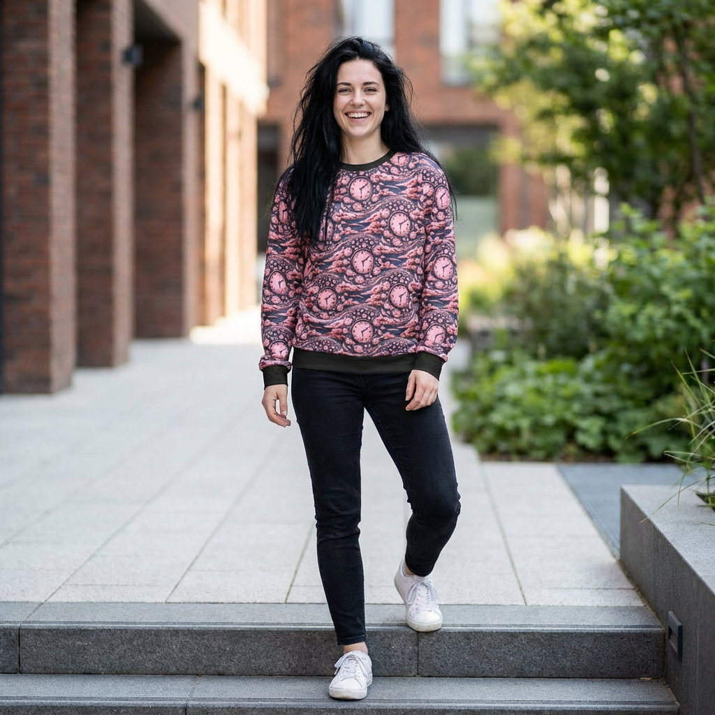 All-Over Print Sweatshirt — Surreal Pink Clockwave Pattern