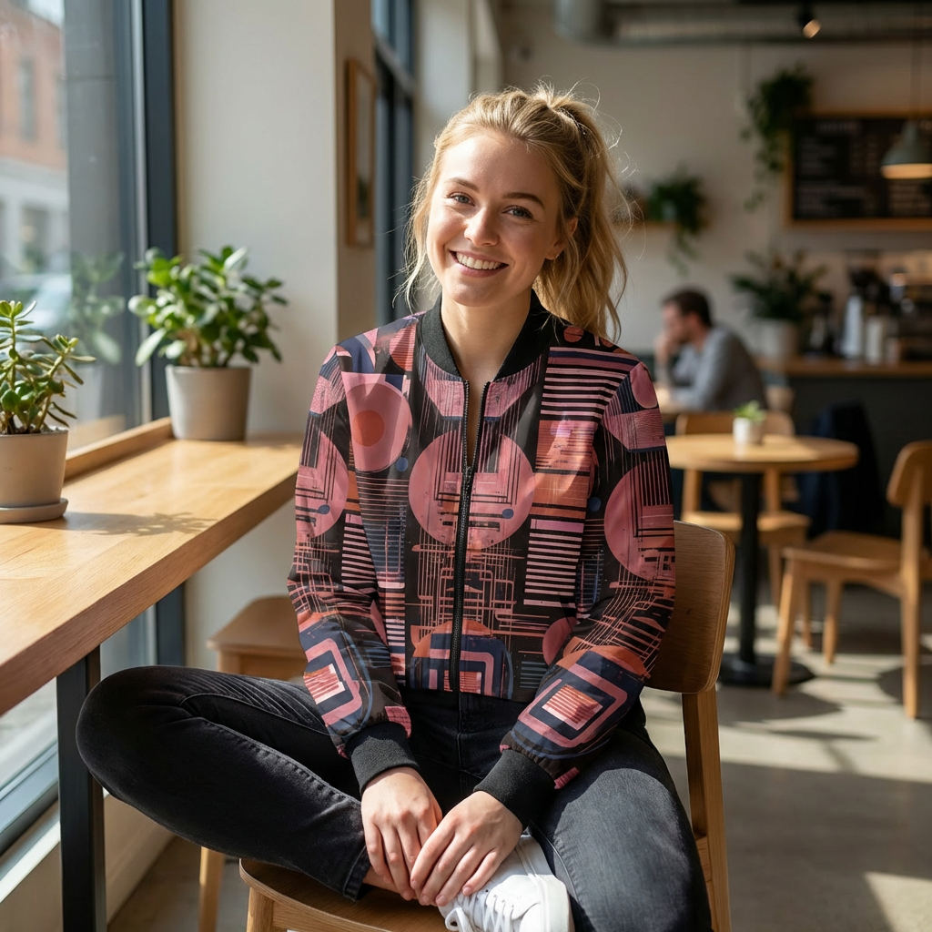 Retro Geometric Bomber Jacket — Pink & Navy Abstract AOP