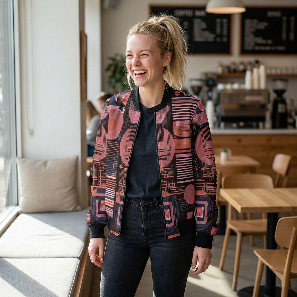 Retro Geometric Bomber Jacket — Pink & Navy Abstract AOP