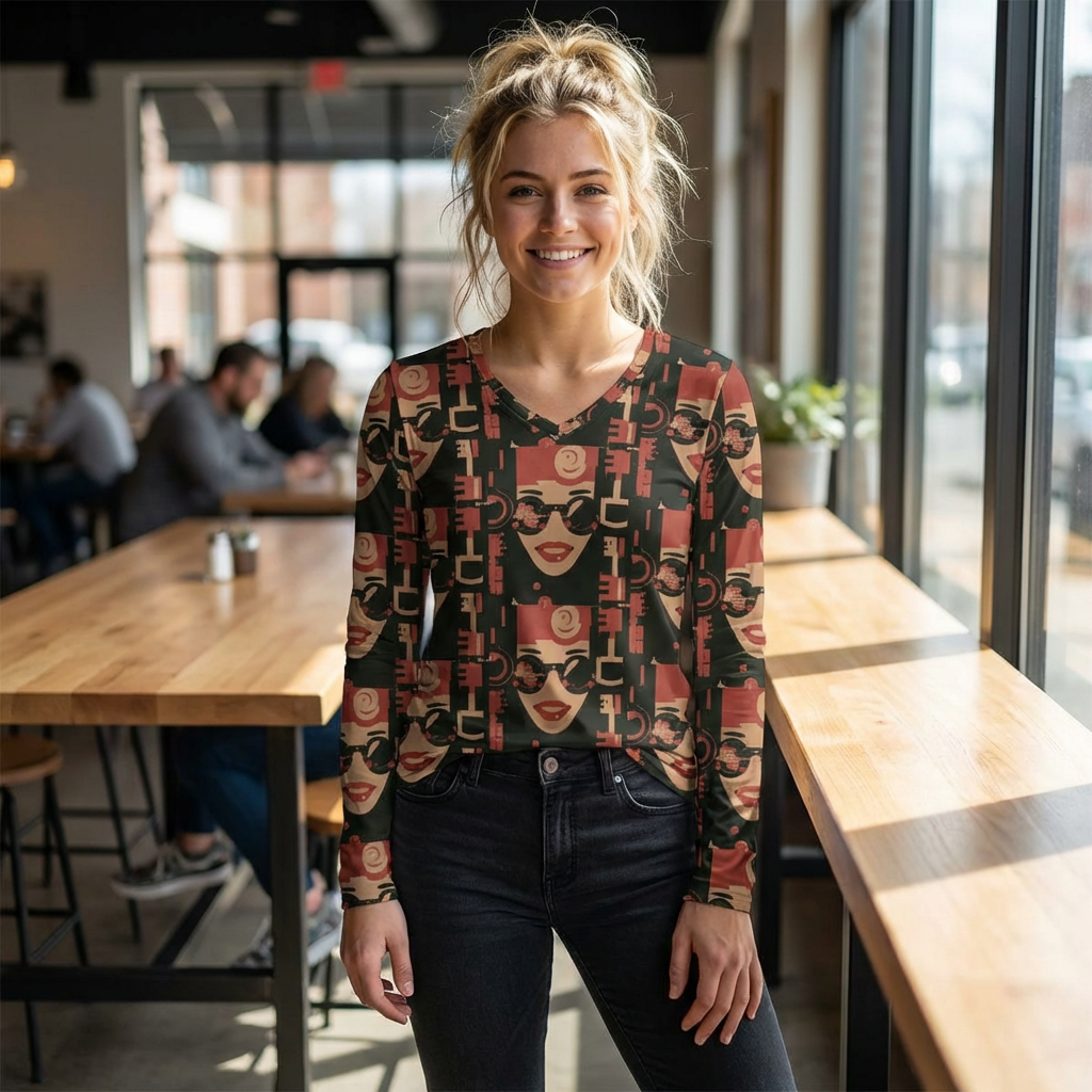 Retro Floral Face V-Neck Long Sleeve Shirt
